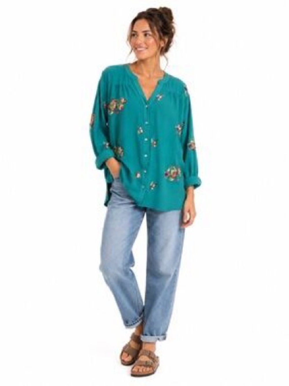 Anthropologie x Fig & Flower Embroidered Floral Aqua Shirt Plus Size 2X